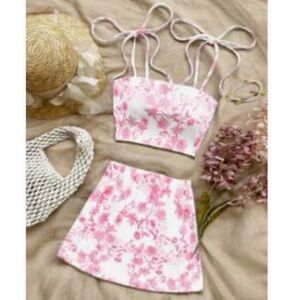 SHEIN Pink and White Floral Crop Top Tie Sleeves Skirt Set Trendy Vacation